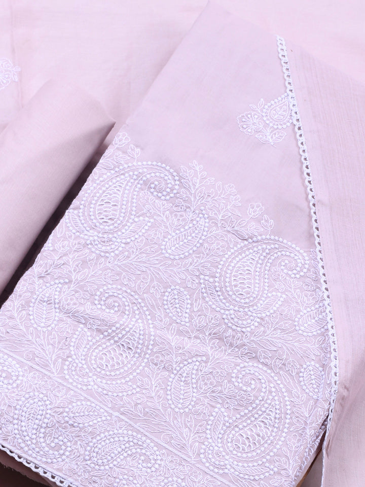 Peach Embroidered Cotton Blend Unstitched Suit &amp; Pant With Cotton Dupatta
