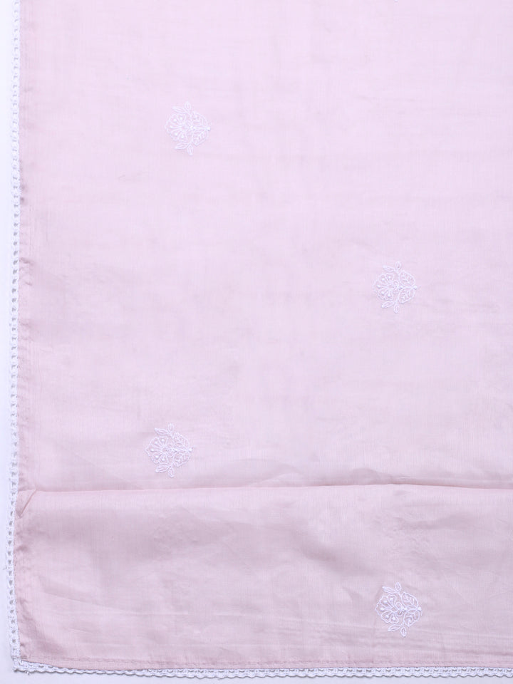 Peach Embroidered Cotton Blend Unstitched Suit &amp; Pant With Cotton Dupatta