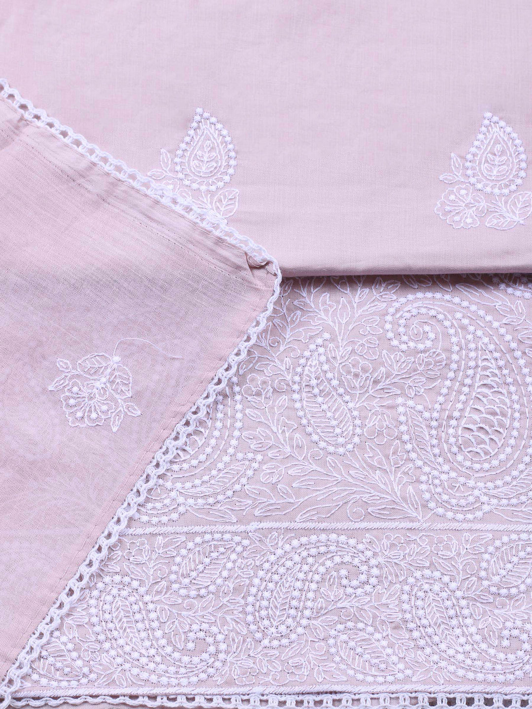 Peach Embroidered Cotton Blend Unstitched Suit &amp; Pant With Cotton Dupatta