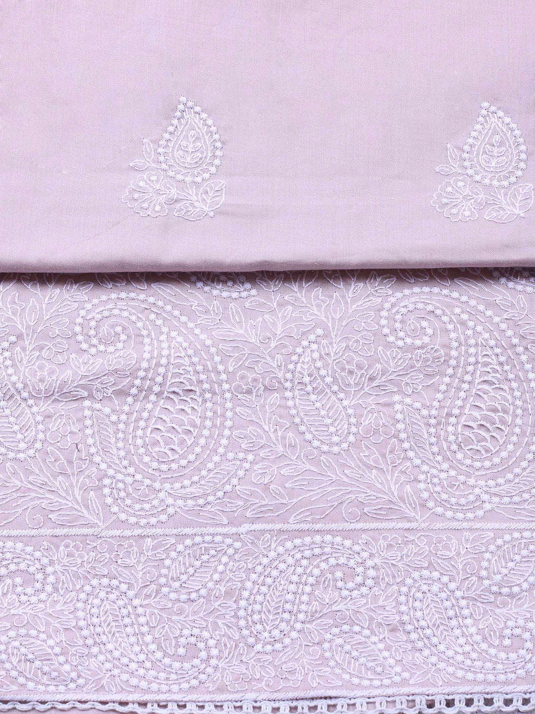 Peach Embroidered Cotton Blend Unstitched Suit &amp; Pant With Cotton Dupatta