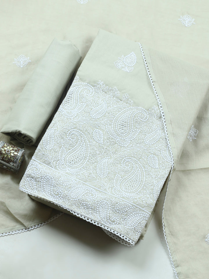 Pista Green Embroidered Cotton Blend Unstitched Suit &amp; Pant With Cotton Dupatta
