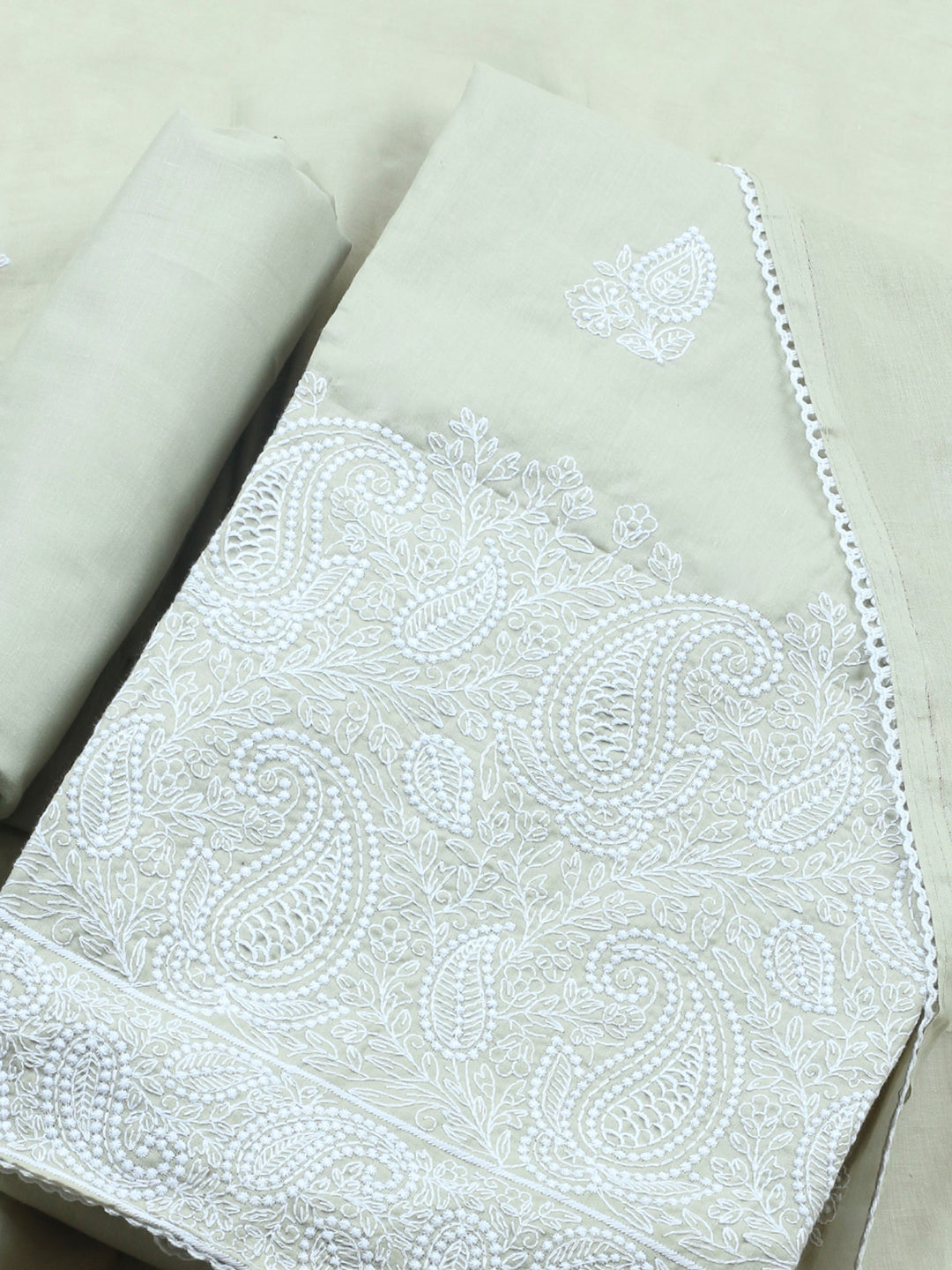 Pista Green Embroidered Cotton Blend Unstitched Suit &amp; Pant With Cotton Dupatta