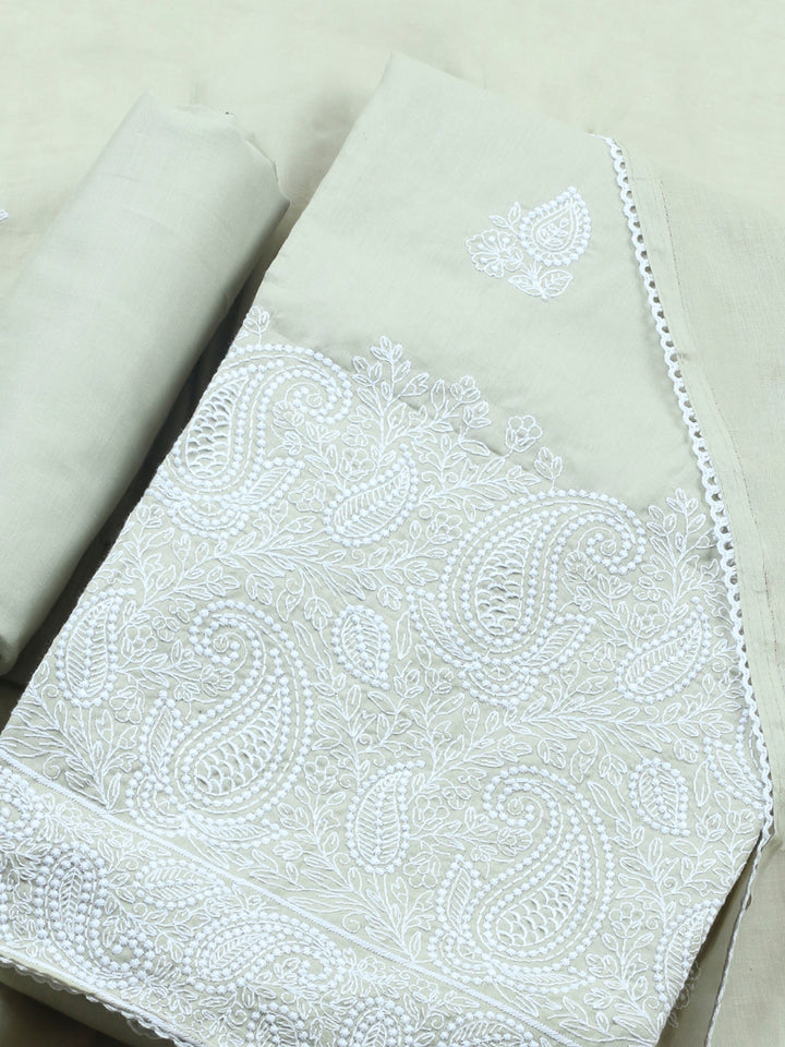 Pista Green Embroidered Cotton Blend Unstitched Suit &amp; Pant With Cotton Dupatta
