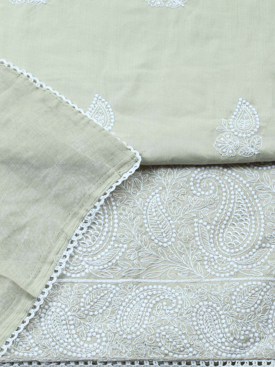 Pista Green Embroidered Cotton Blend Unstitched Suit &amp; Pant With Cotton Dupatta