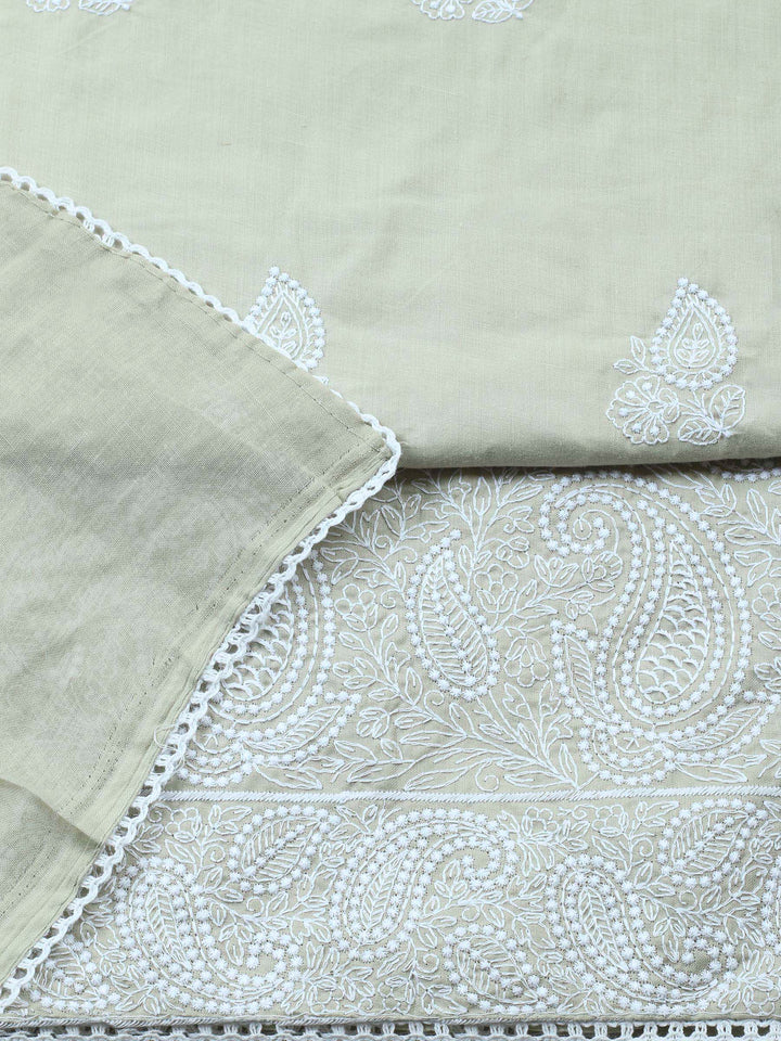 Pista Green Embroidered Cotton Blend Unstitched Suit &amp; Pant With Cotton Dupatta