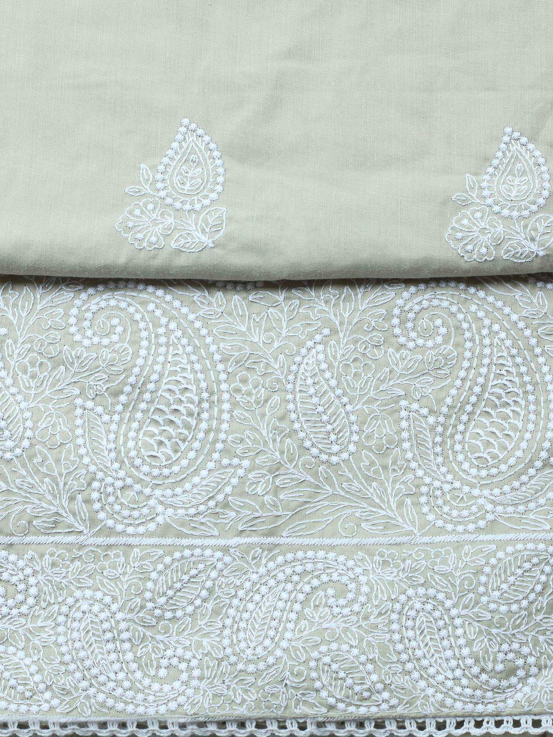 Pista Green Embroidered Cotton Blend Unstitched Suit &amp; Pant With Cotton Dupatta