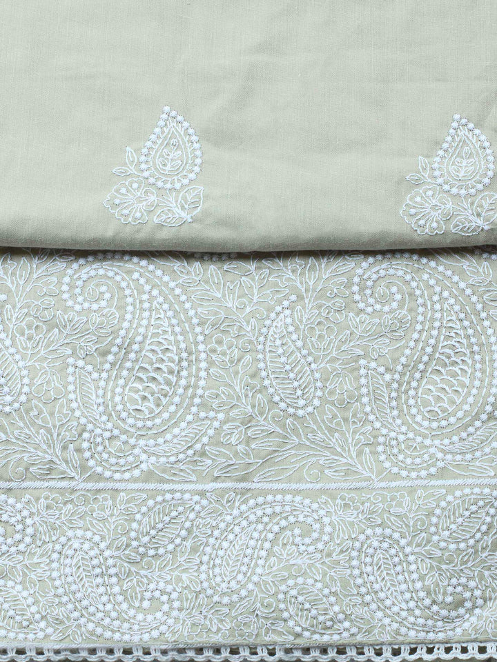 Pista Green Embroidered Cotton Blend Unstitched Suit &amp; Pant With Cotton Dupatta
