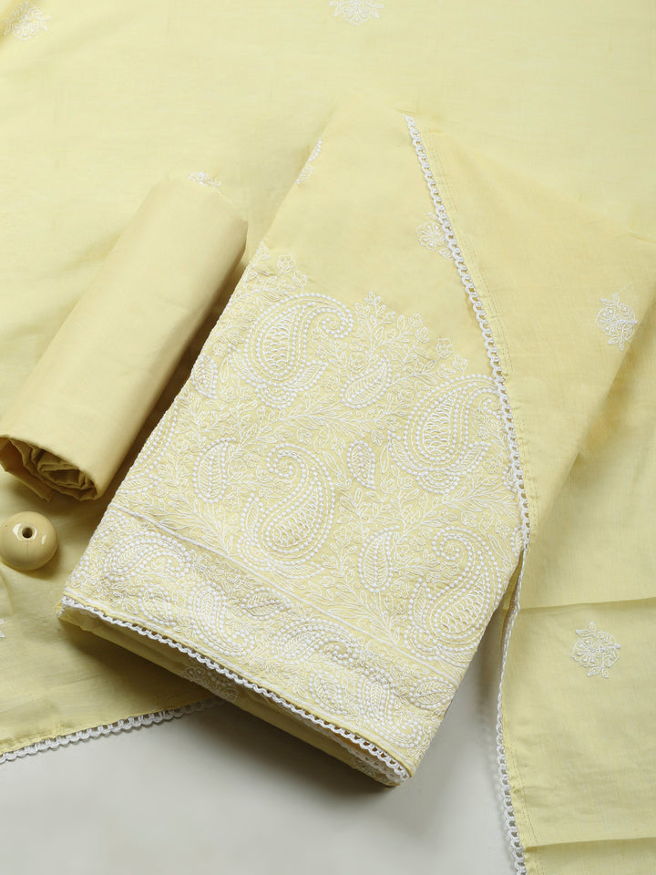 Lemon Embroidered Cotton Blend Unstitched Suit &amp; Pant With Cotton Dupatta