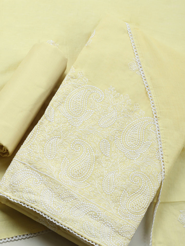 Lemon Embroidered Cotton Blend Unstitched Suit &amp; Pant With Cotton Dupatta