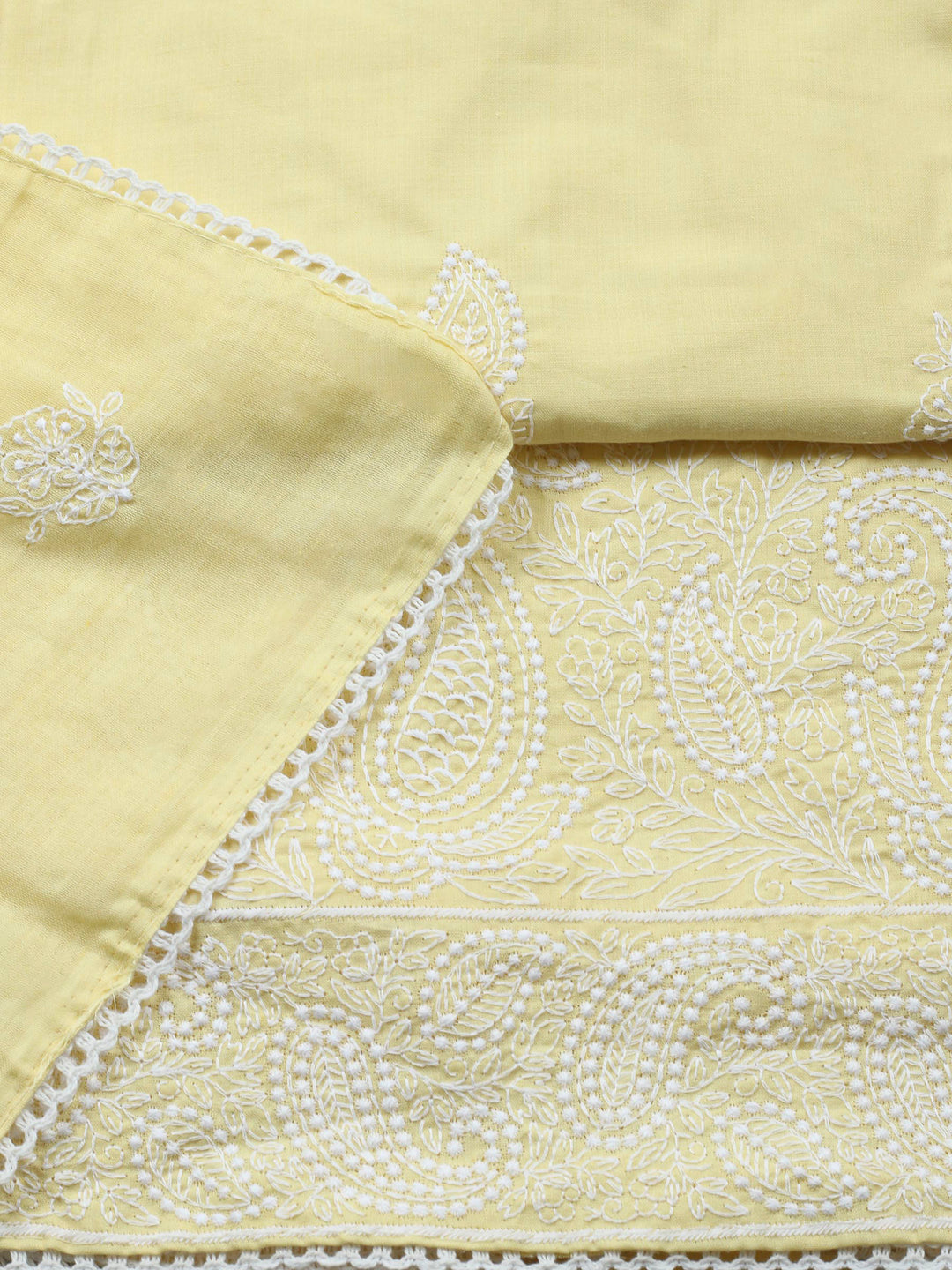 Lemon Embroidered Cotton Blend Unstitched Suit &amp; Pant With Cotton Dupatta