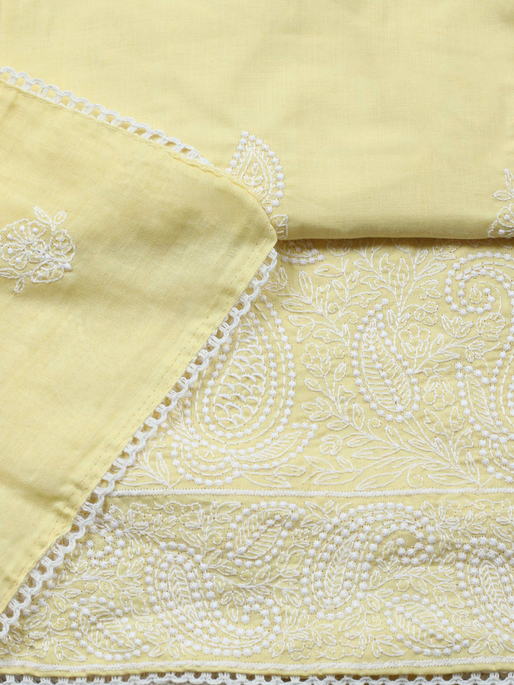 Lemon Embroidered Cotton Blend Unstitched Suit &amp; Pant With Cotton Dupatta
