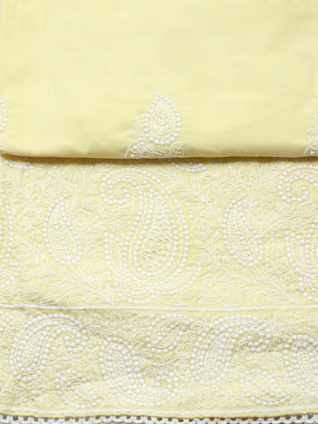 Lemon Embroidered Cotton Blend Unstitched Suit &amp; Pant With Cotton Dupatta