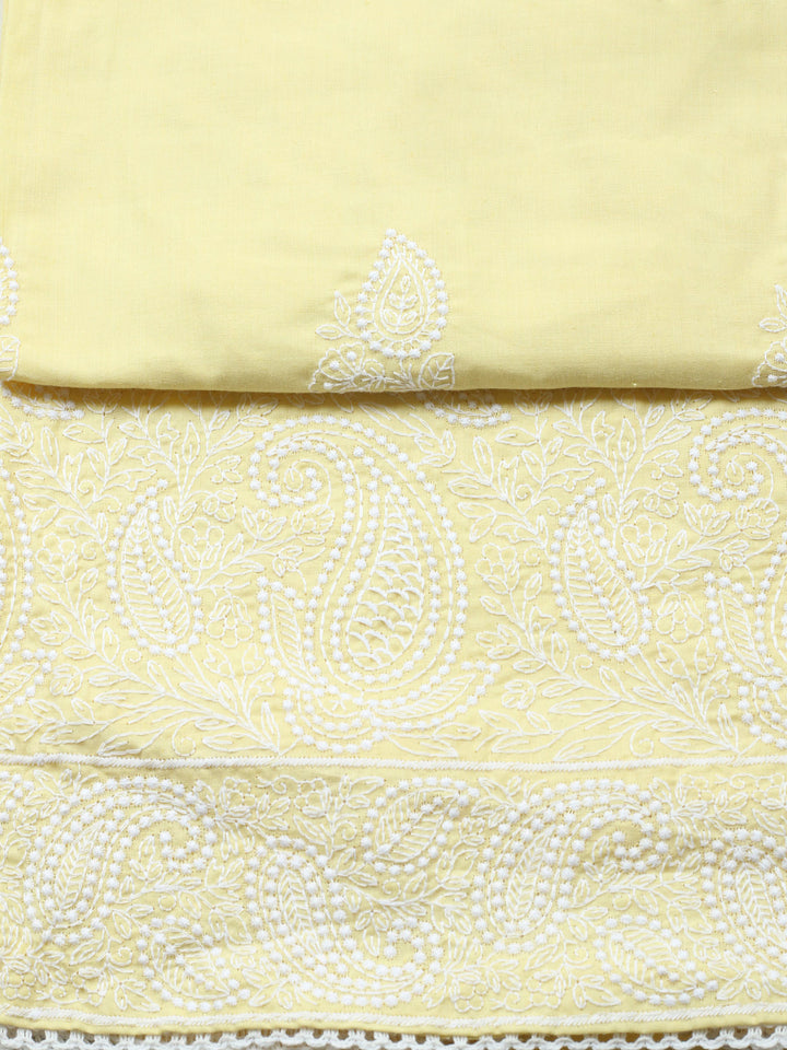 Lemon Embroidered Cotton Blend Unstitched Suit &amp; Pant With Cotton Dupatta