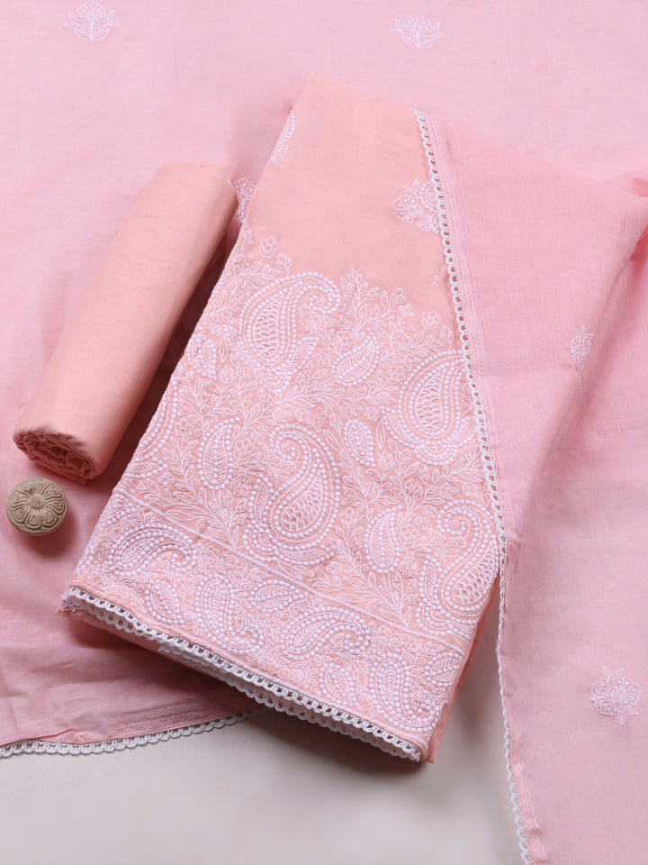 Peach Embroidered Cotton Blend Unstitched Suit &amp; Pant With Cotton Dupatta