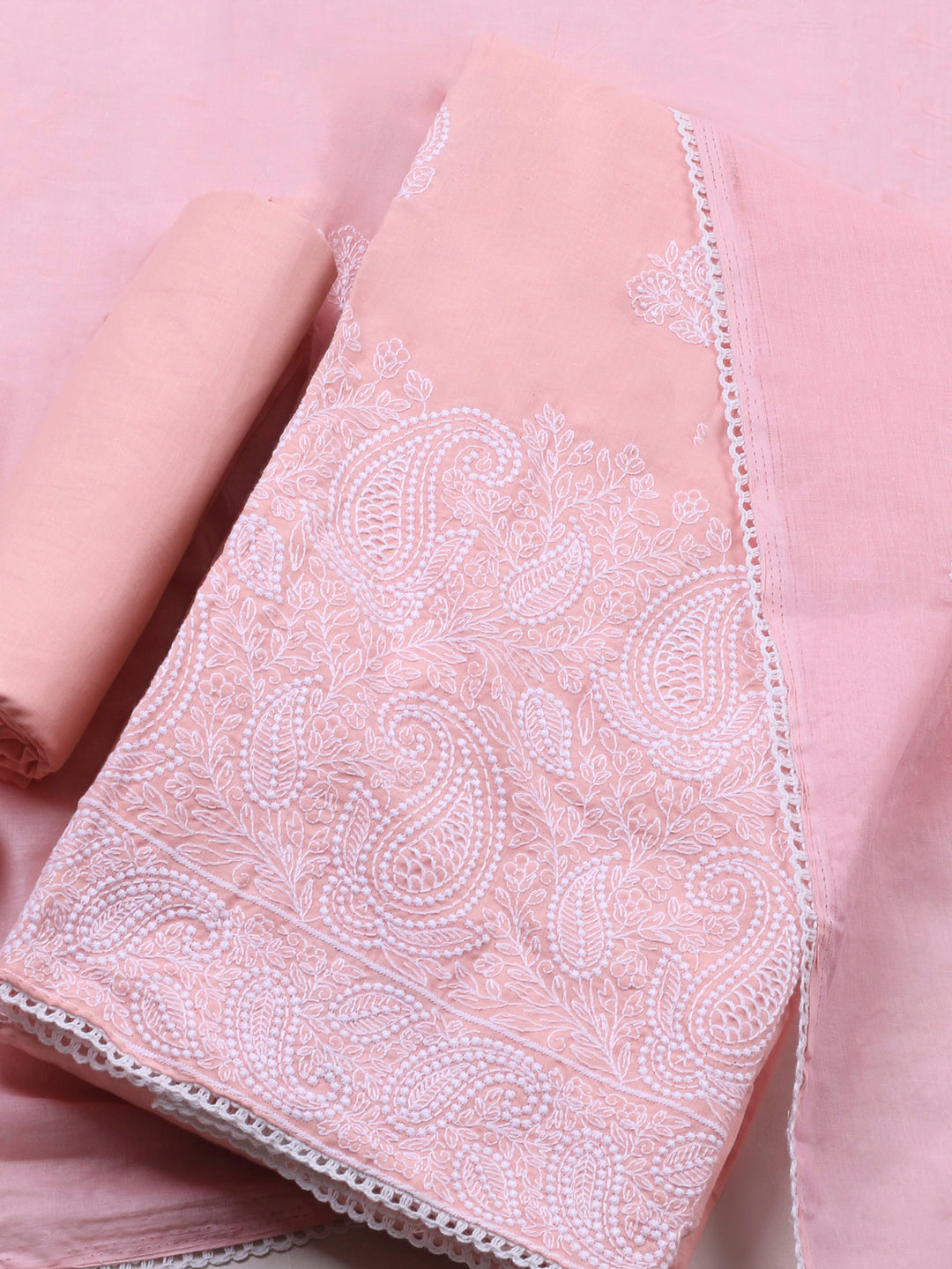 Peach Embroidered Cotton Blend Unstitched Suit &amp; Pant With Cotton Dupatta