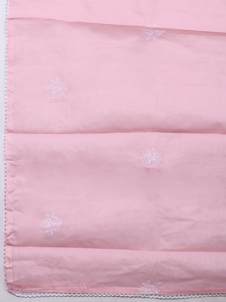 Peach Embroidered Cotton Blend Unstitched Suit &amp; Pant With Cotton Dupatta