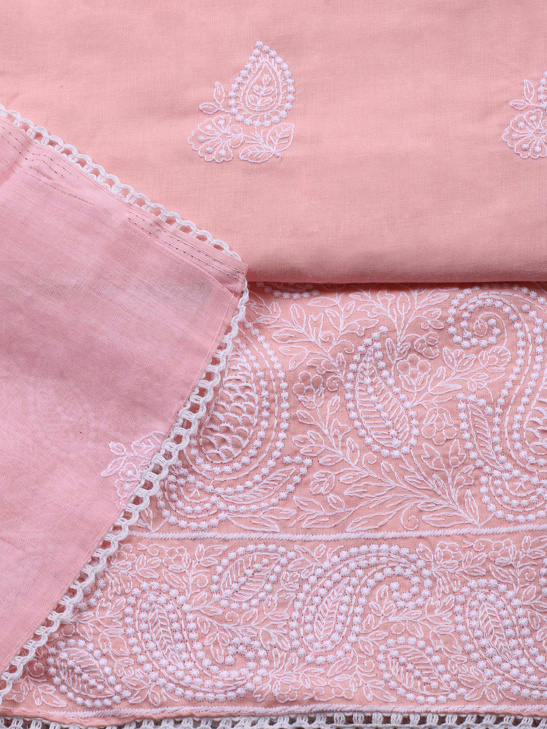 Peach Embroidered Cotton Blend Unstitched Suit &amp; Pant With Cotton Dupatta