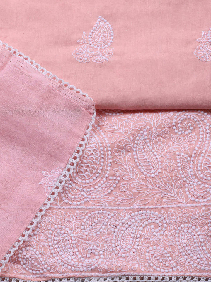 Peach Embroidered Cotton Blend Unstitched Suit &amp; Pant With Cotton Dupatta