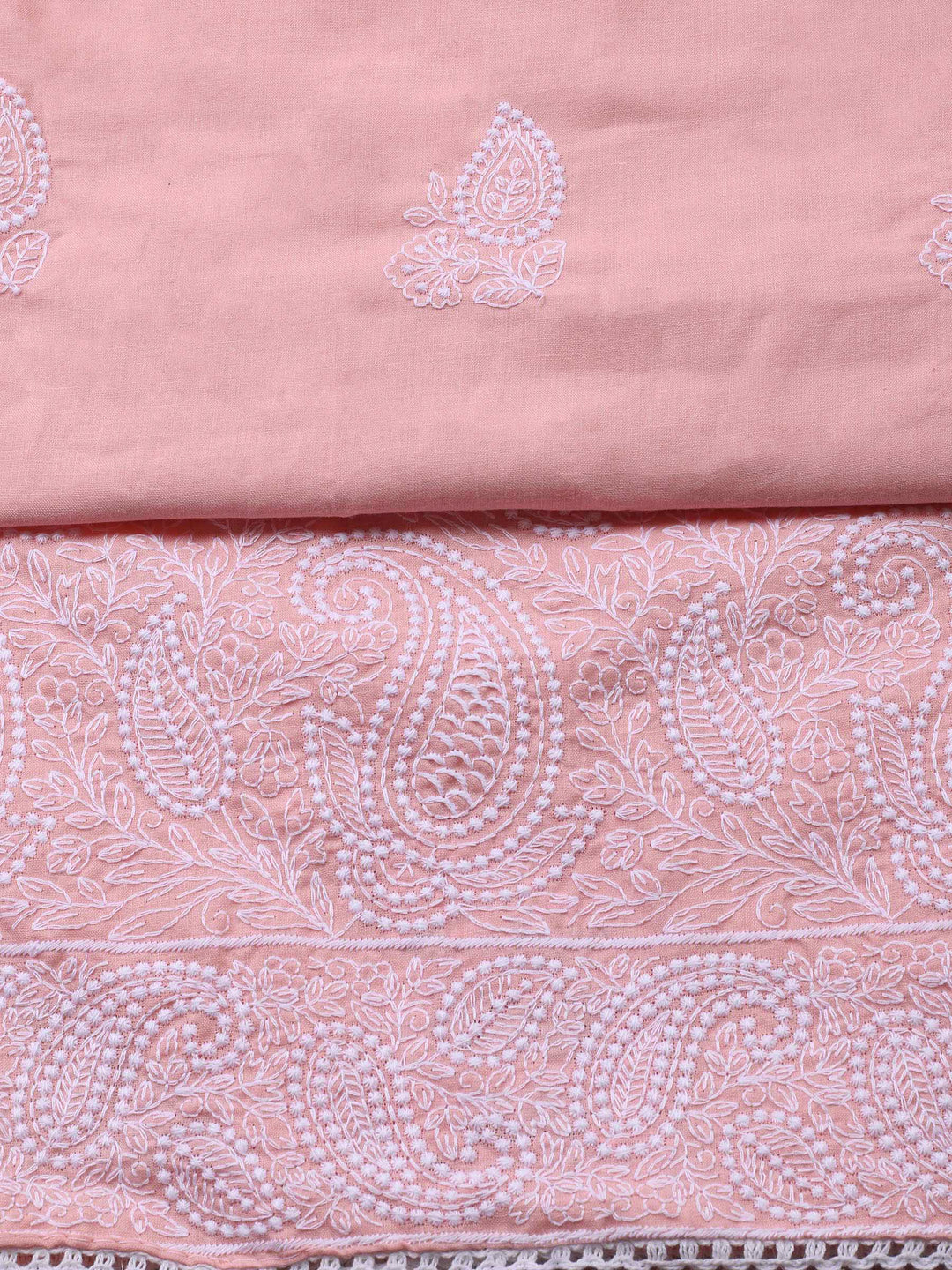 Peach Embroidered Cotton Blend Unstitched Suit &amp; Pant With Cotton Dupatta