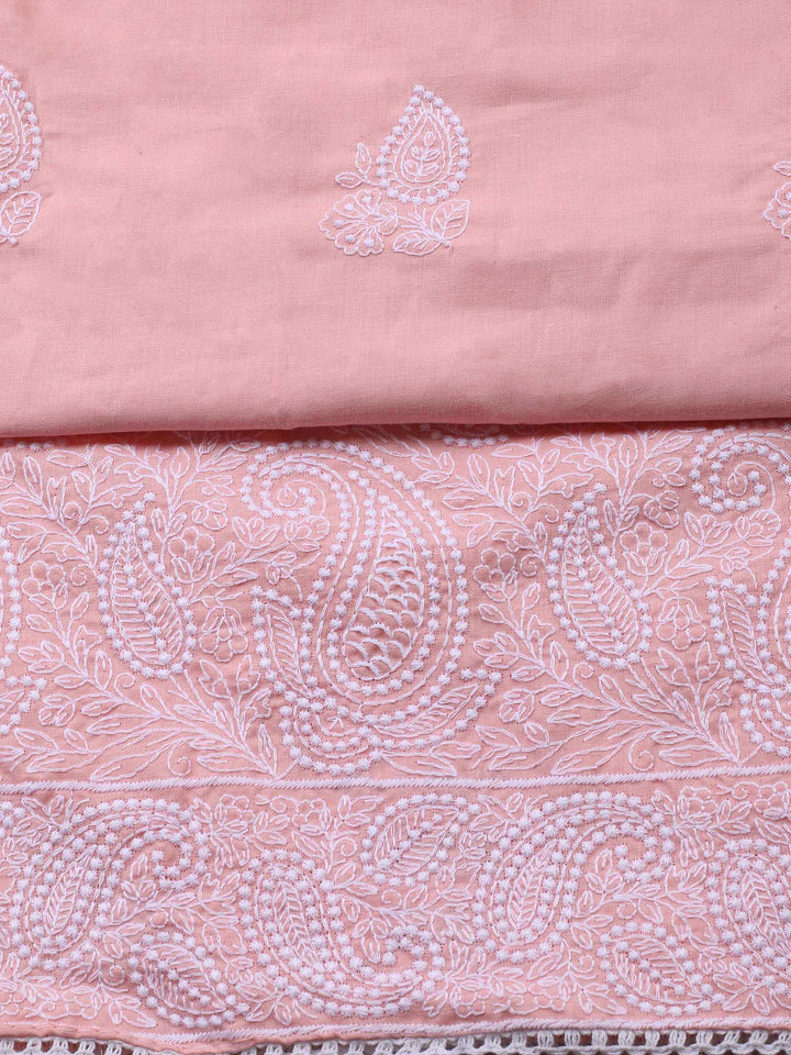 Peach Embroidered Cotton Blend Unstitched Suit &amp; Pant With Cotton Dupatta