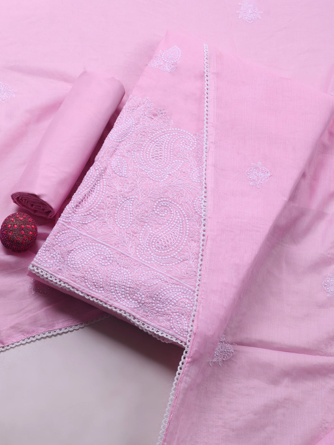 Pink Embroidered Cotton Blend Unstitched Suit &amp; Pant With Cotton Dupatta