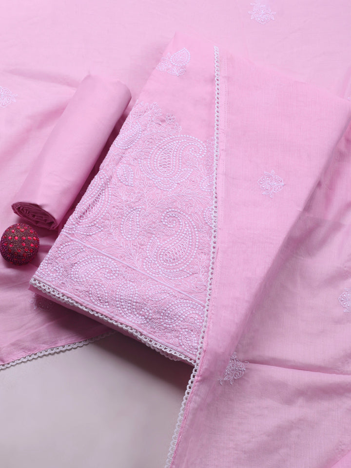 Pink Embroidered Cotton Blend Unstitched Suit &amp; Pant With Cotton Dupatta