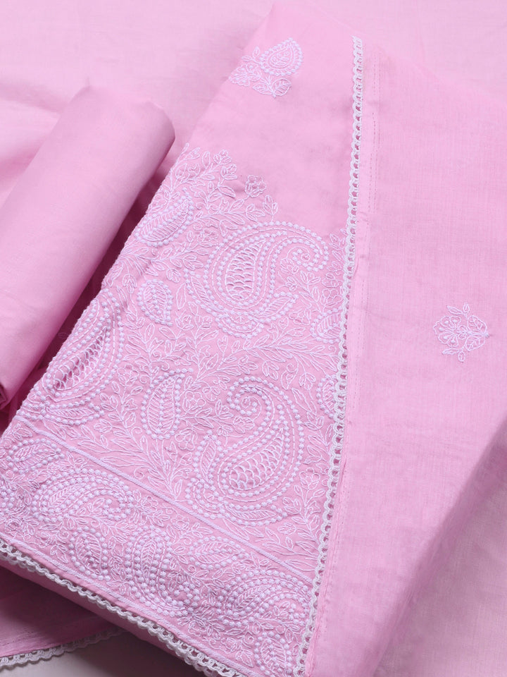 Pink Embroidered Cotton Blend Unstitched Suit &amp; Pant With Cotton Dupatta