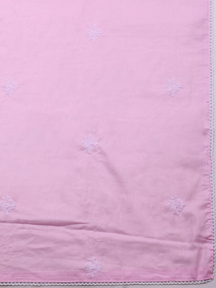 Pink Embroidered Cotton Blend Unstitched Suit &amp; Pant With Cotton Dupatta