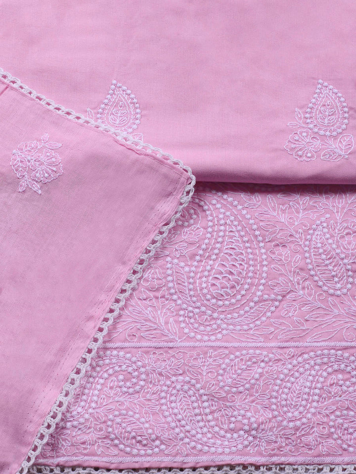 Pink Embroidered Cotton Blend Unstitched Suit &amp; Pant With Cotton Dupatta