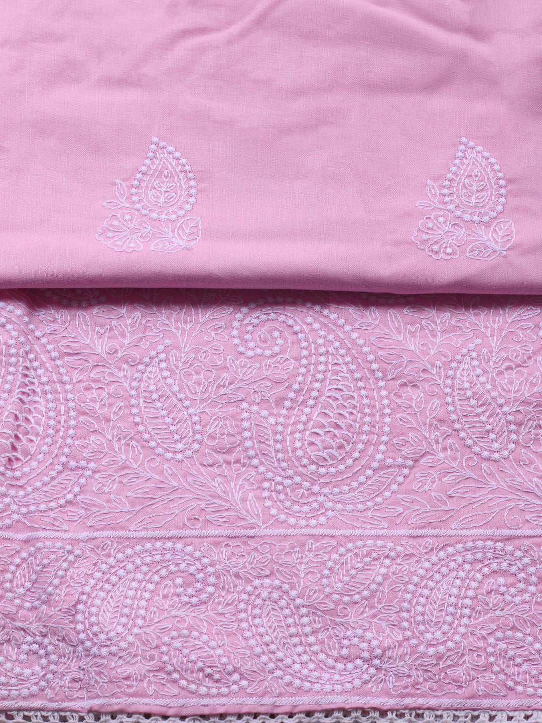 Pink Embroidered Cotton Blend Unstitched Suit &amp; Pant With Cotton Dupatta