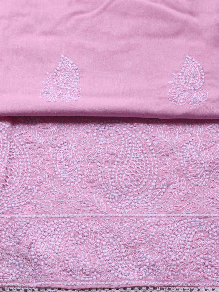 Pink Embroidered Cotton Blend Unstitched Suit &amp; Pant With Cotton Dupatta