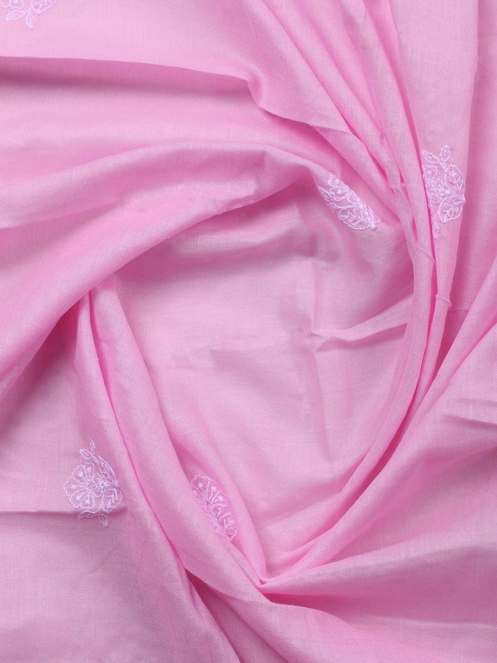 Pink Embroidered Cotton Blend Unstitched Suit &amp; Pant With Cotton Dupatta