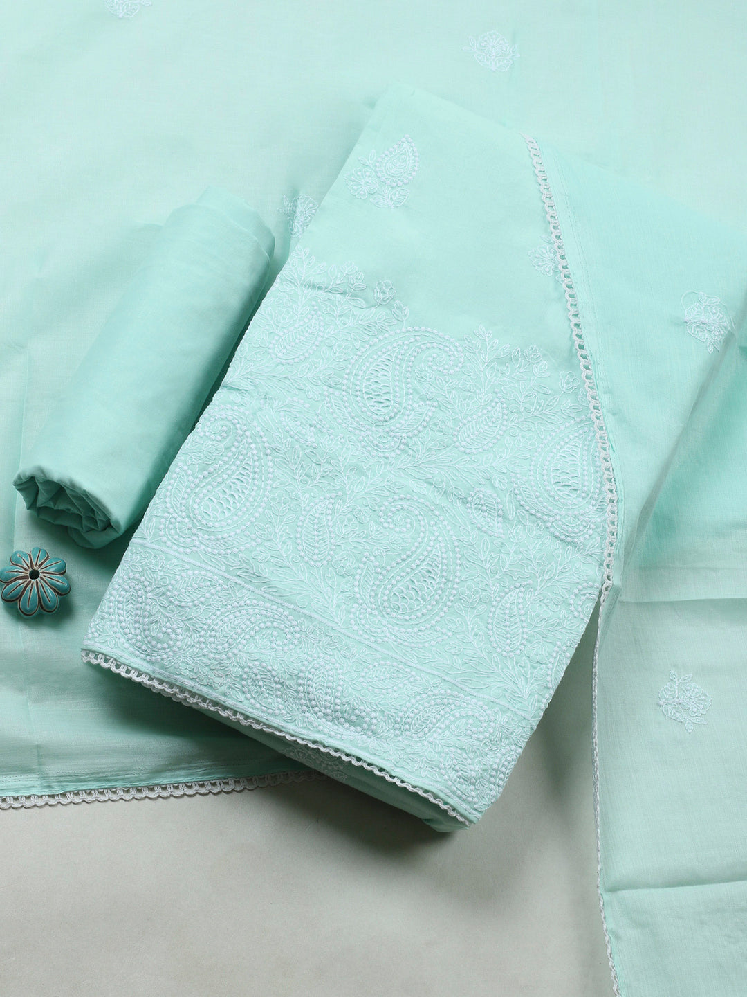 Sea Green Embroidered Cotton Blend Unstitched Suit &amp; Pant With Cotton Dupatta