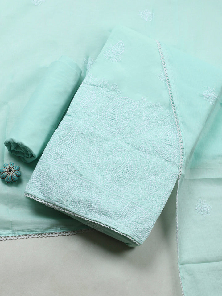 Sea Green Embroidered Cotton Blend Unstitched Suit &amp; Pant With Cotton Dupatta