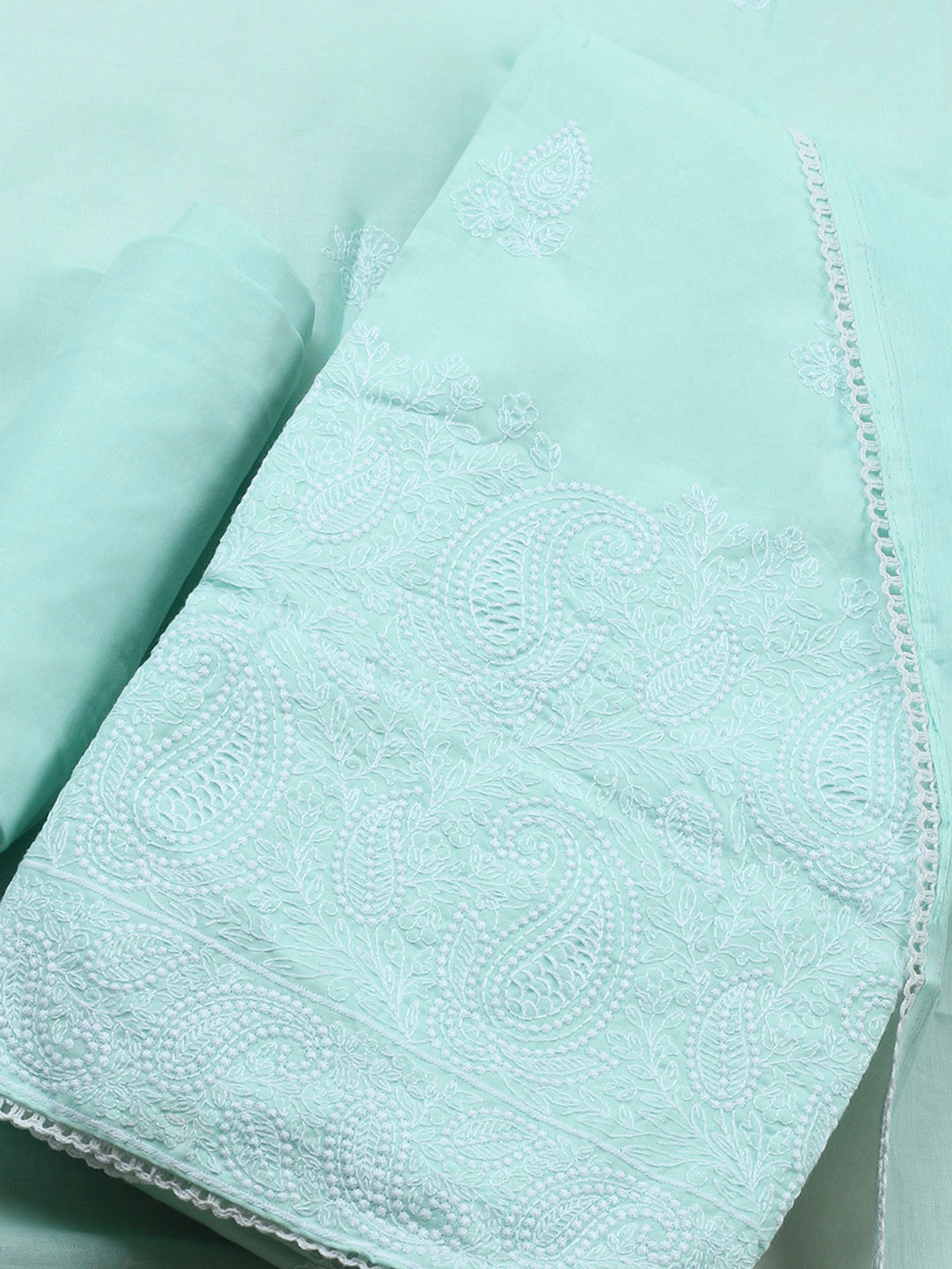 Sea Green Embroidered Cotton Blend Unstitched Suit &amp; Pant With Cotton Dupatta