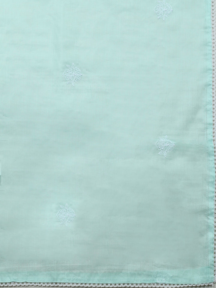 Sea Green Embroidered Cotton Blend Unstitched Suit &amp; Pant With Cotton Dupatta