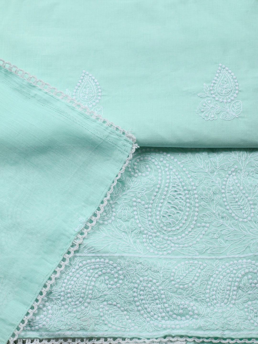 Sea Green Embroidered Cotton Blend Unstitched Suit &amp; Pant With Cotton Dupatta
