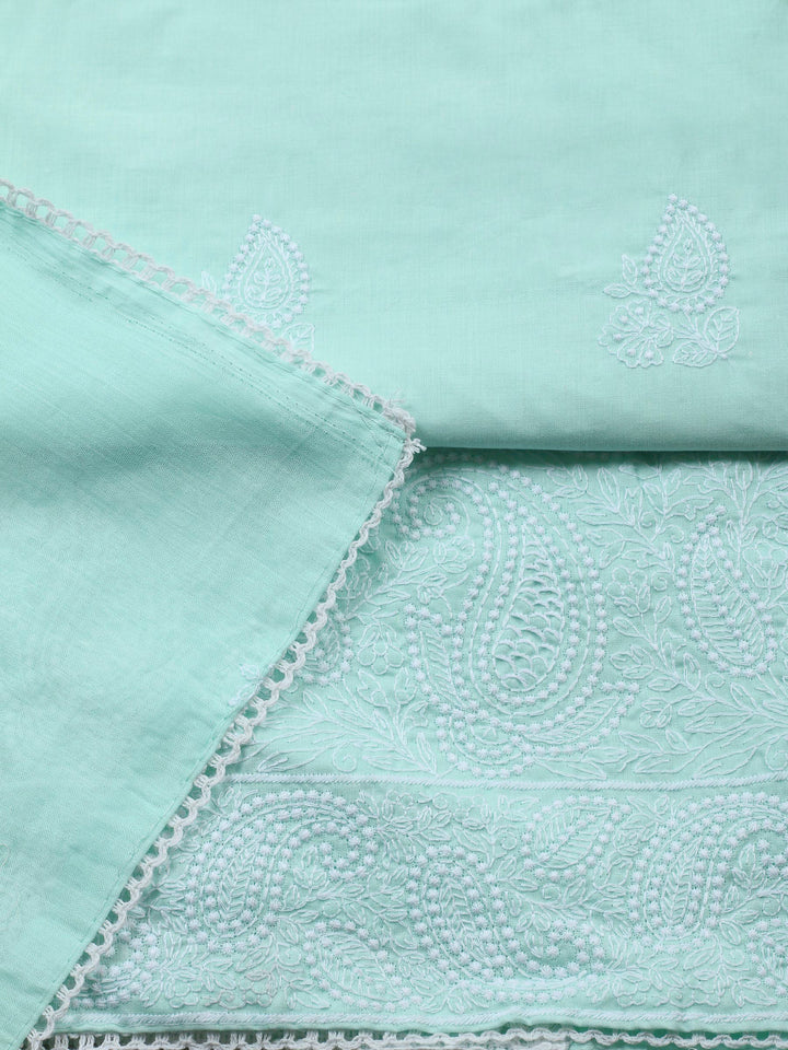Sea Green Embroidered Cotton Blend Unstitched Suit &amp; Pant With Cotton Dupatta