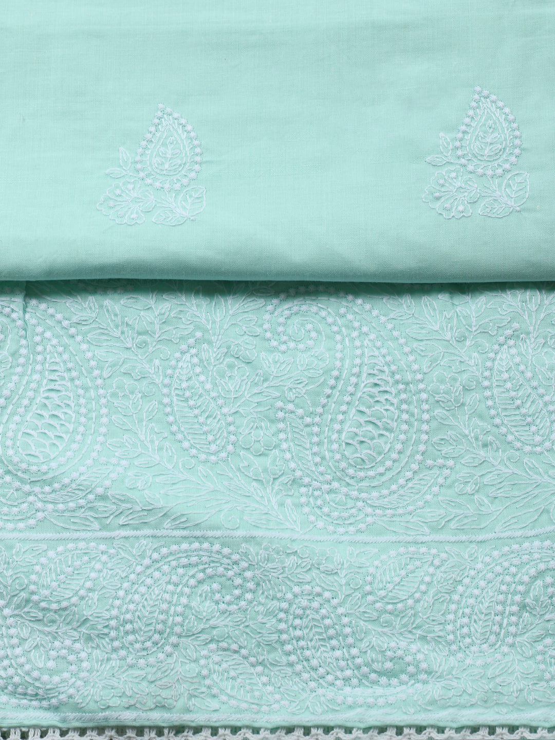 Sea Green Embroidered Cotton Blend Unstitched Suit &amp; Pant With Cotton Dupatta
