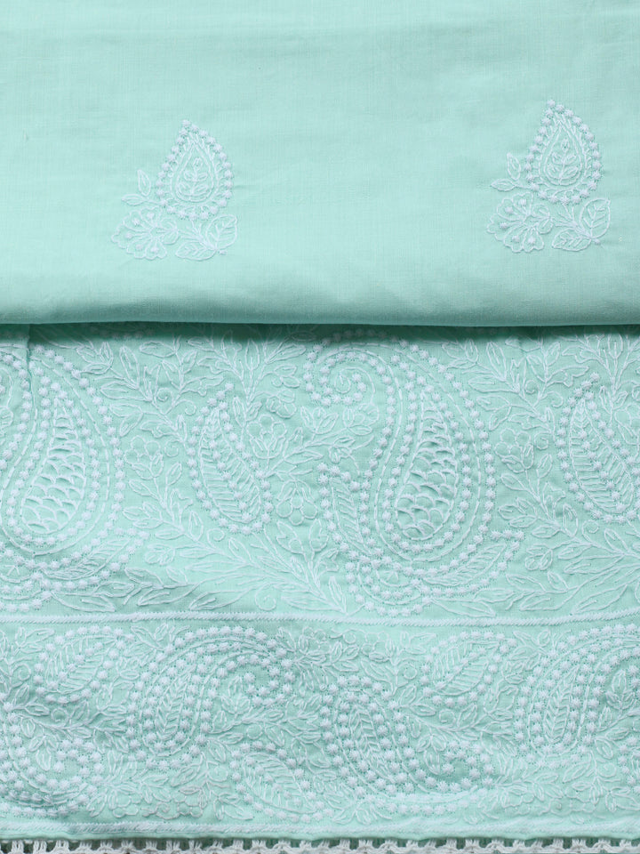Sea Green Embroidered Cotton Blend Unstitched Suit &amp; Pant With Cotton Dupatta