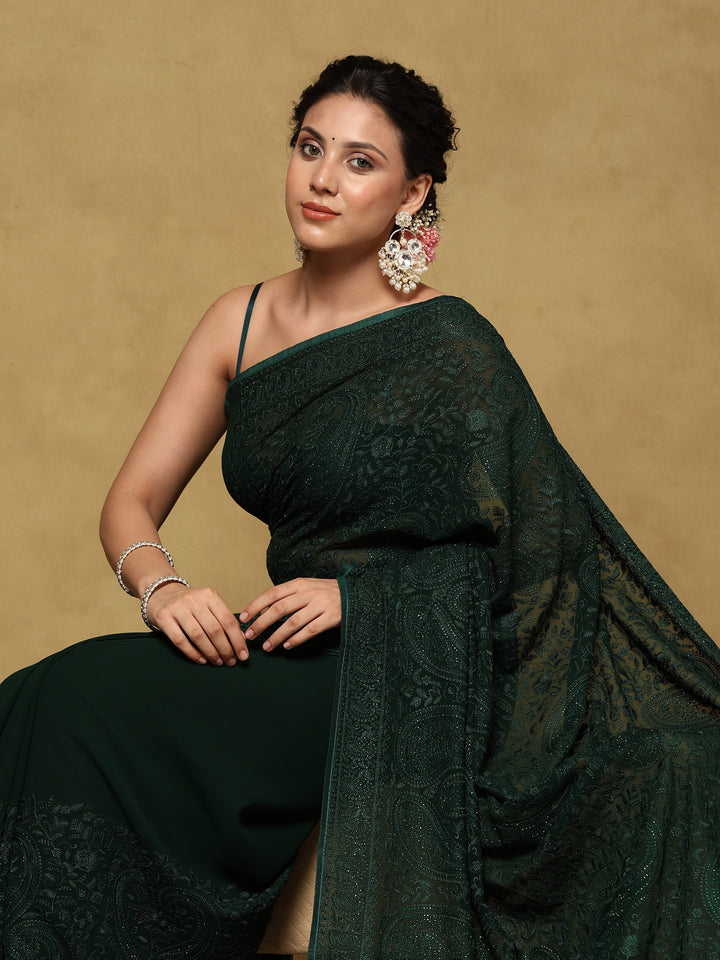 Bottle Green Embroidered Georgette Saree