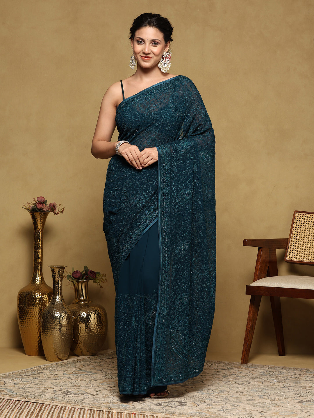 Peacock Blue Embroidered Georgette Saree