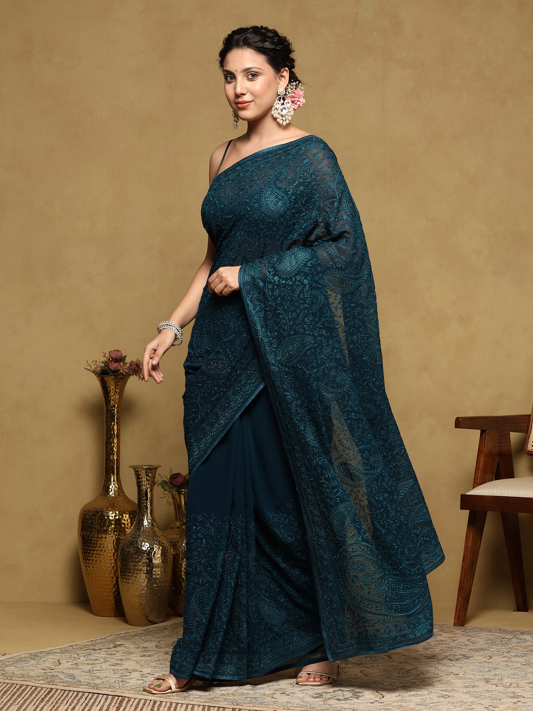 Peacock Blue Embroidered Georgette Saree