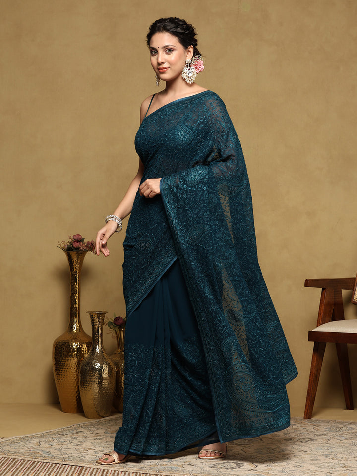 Peacock Blue Embroidered Georgette Saree