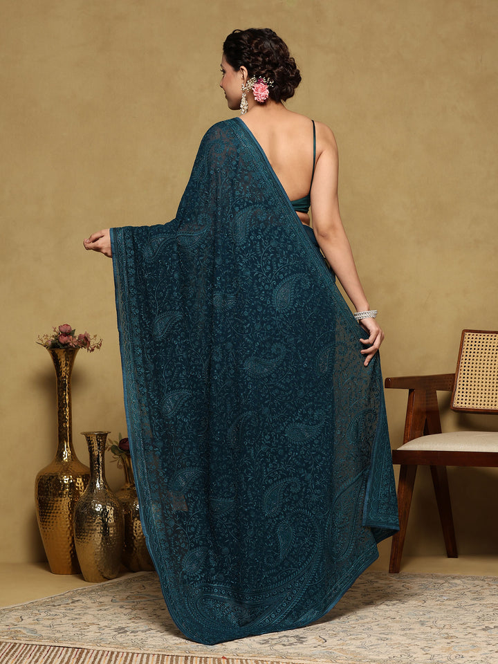 Peacock Blue Embroidered Georgette Saree