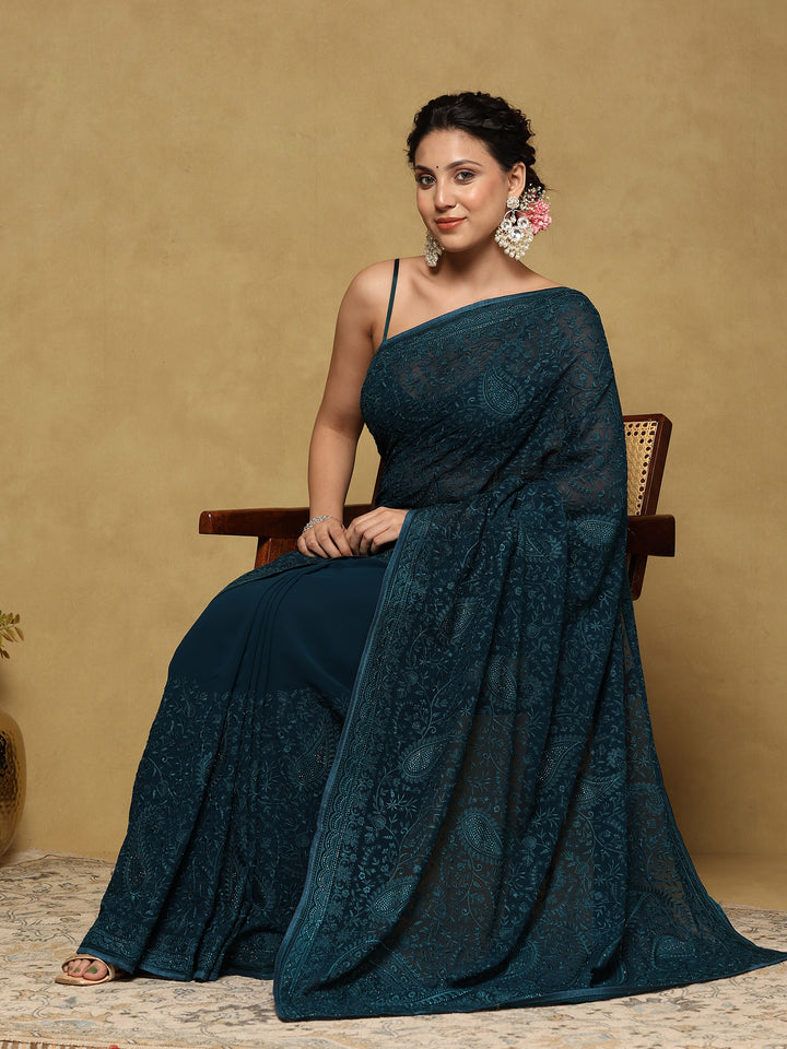 Peacock Blue Embroidered Georgette Saree
