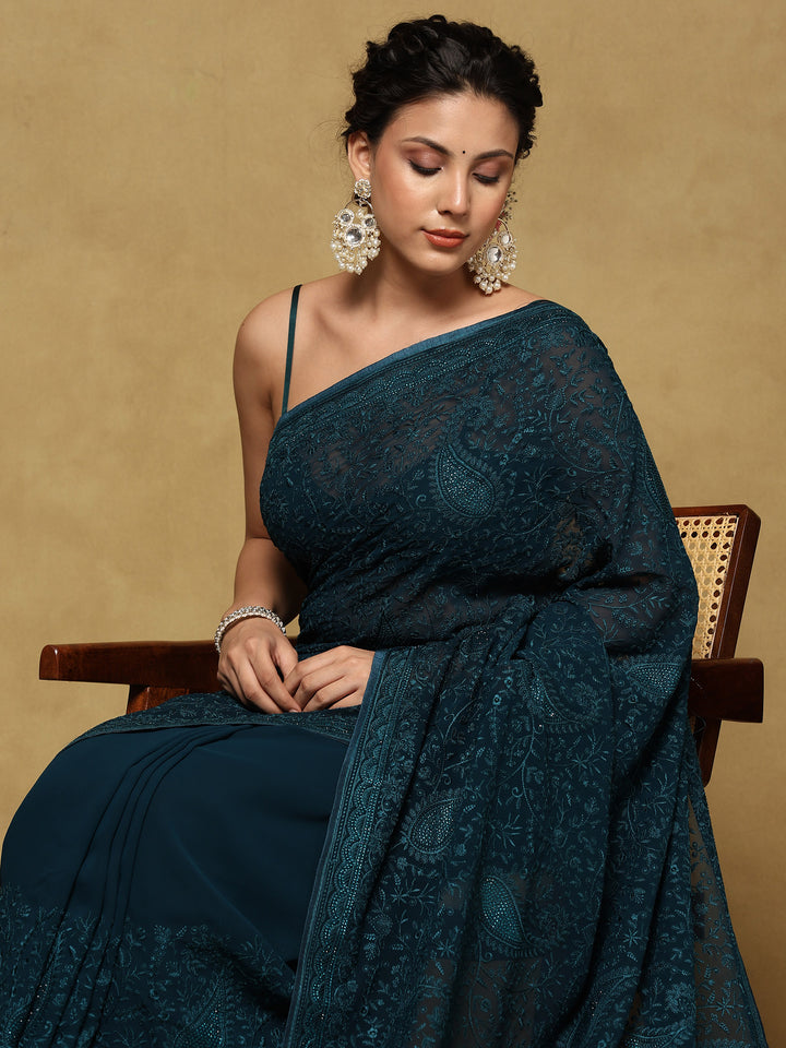 Peacock Blue Embroidered Georgette Saree