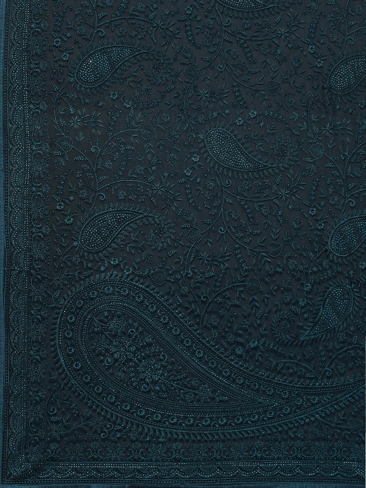 Peacock Blue Embroidered Georgette Saree