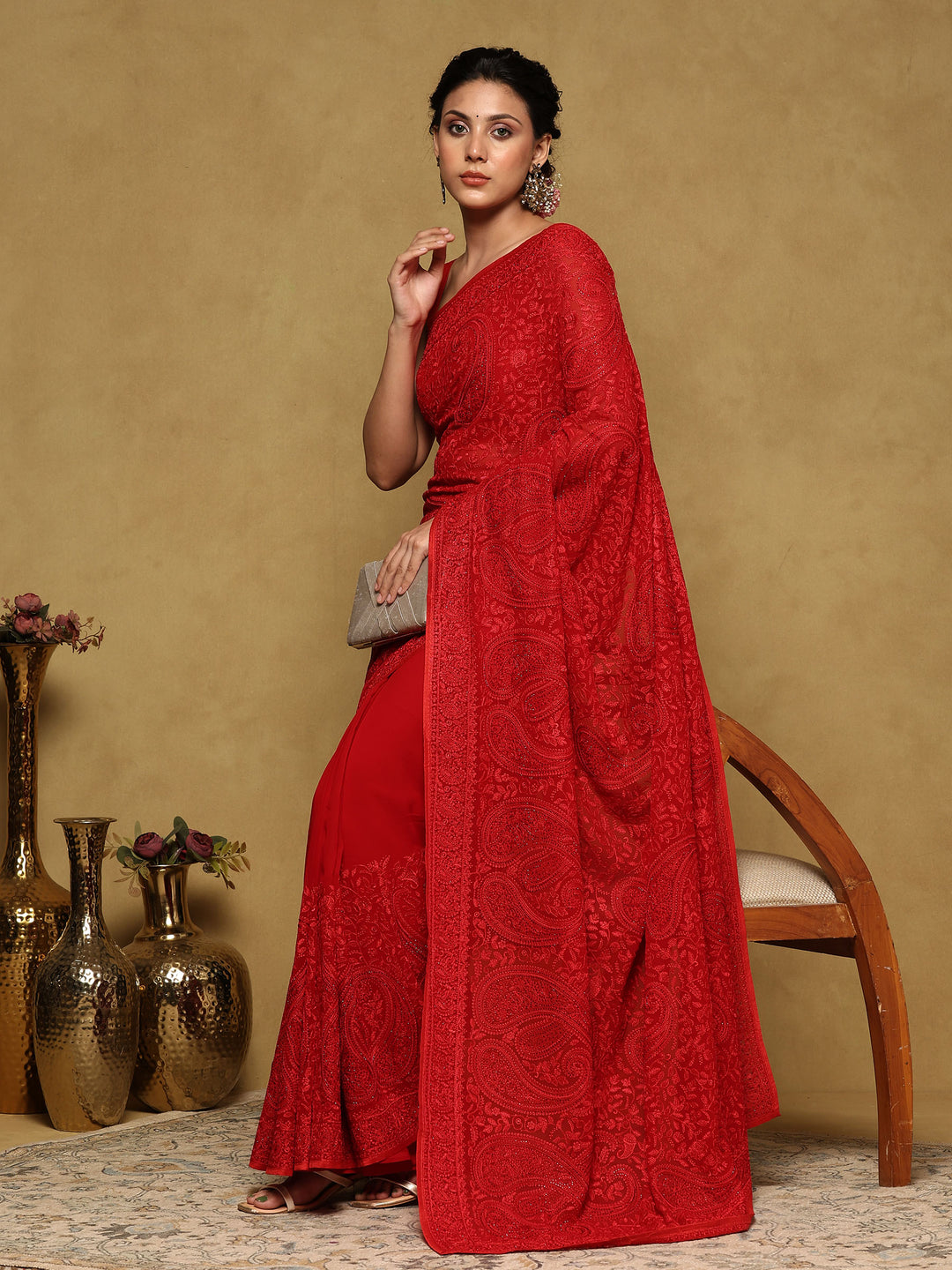 Red Embroidered Georgette Saree