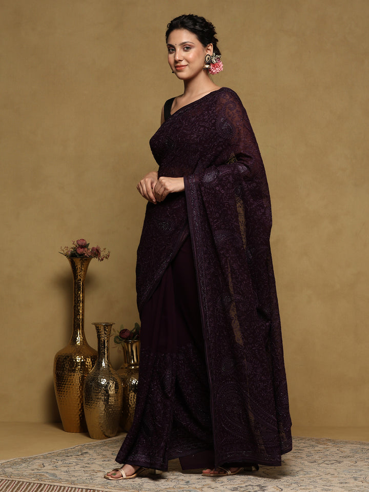 Purple Embroidered Georgette Saree